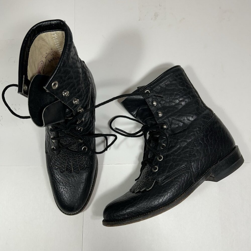 Justin Style L0522 Women Kiltie Lace Up Ropers Boots Pebbled Black Leather 6.5